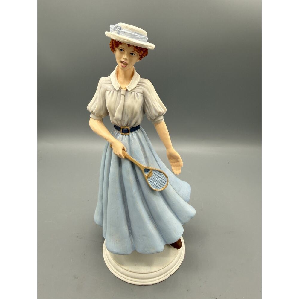 Vintage Victorian Lady Tennis Figurine Woman Statue Blue Dress 8”